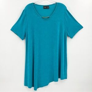 Chico's Travelers Slinky Knit Blue Asymmetrical Hem w/Neck Chain Blouse Top XL
